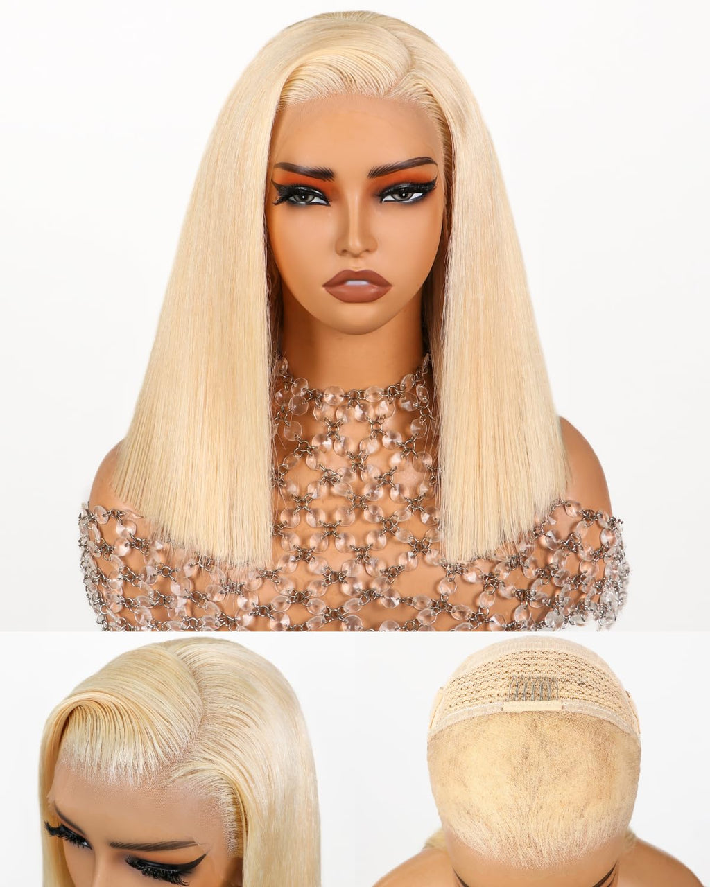 Blonde Bob Wig Human Hair 13X4 613 Bob Wig Transparent HD Lace Front Wig Human Hair Middle Part Straight Bob Wig Pre Plucked 210% Density with Baby Hair（12Inch）