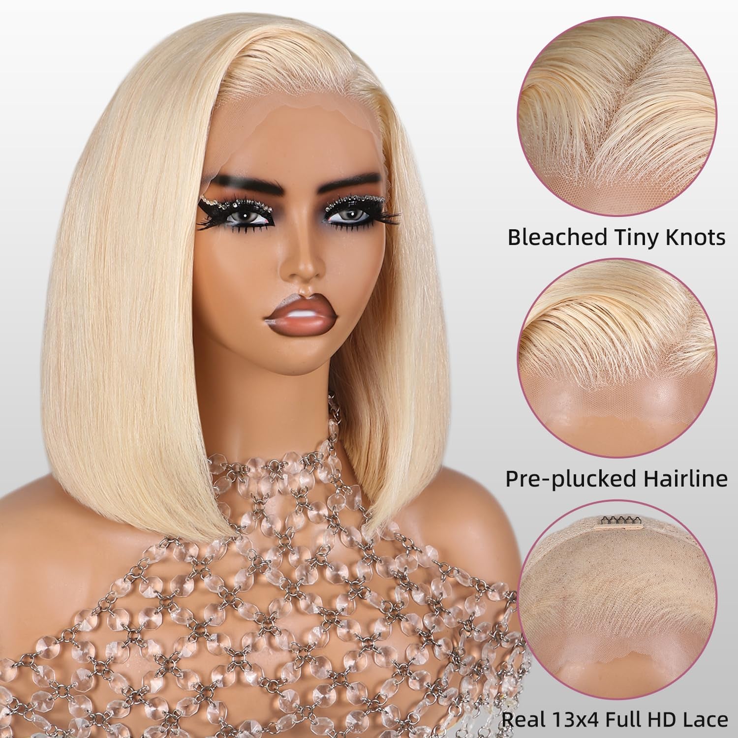 Blonde Bob Wig Human Hair 13X4 613 Bob Wig Transparent HD Lace Front Wig Human Hair Middle Part Straight Bob Wig Pre Plucked 210% Density with Baby Hair（12Inch）