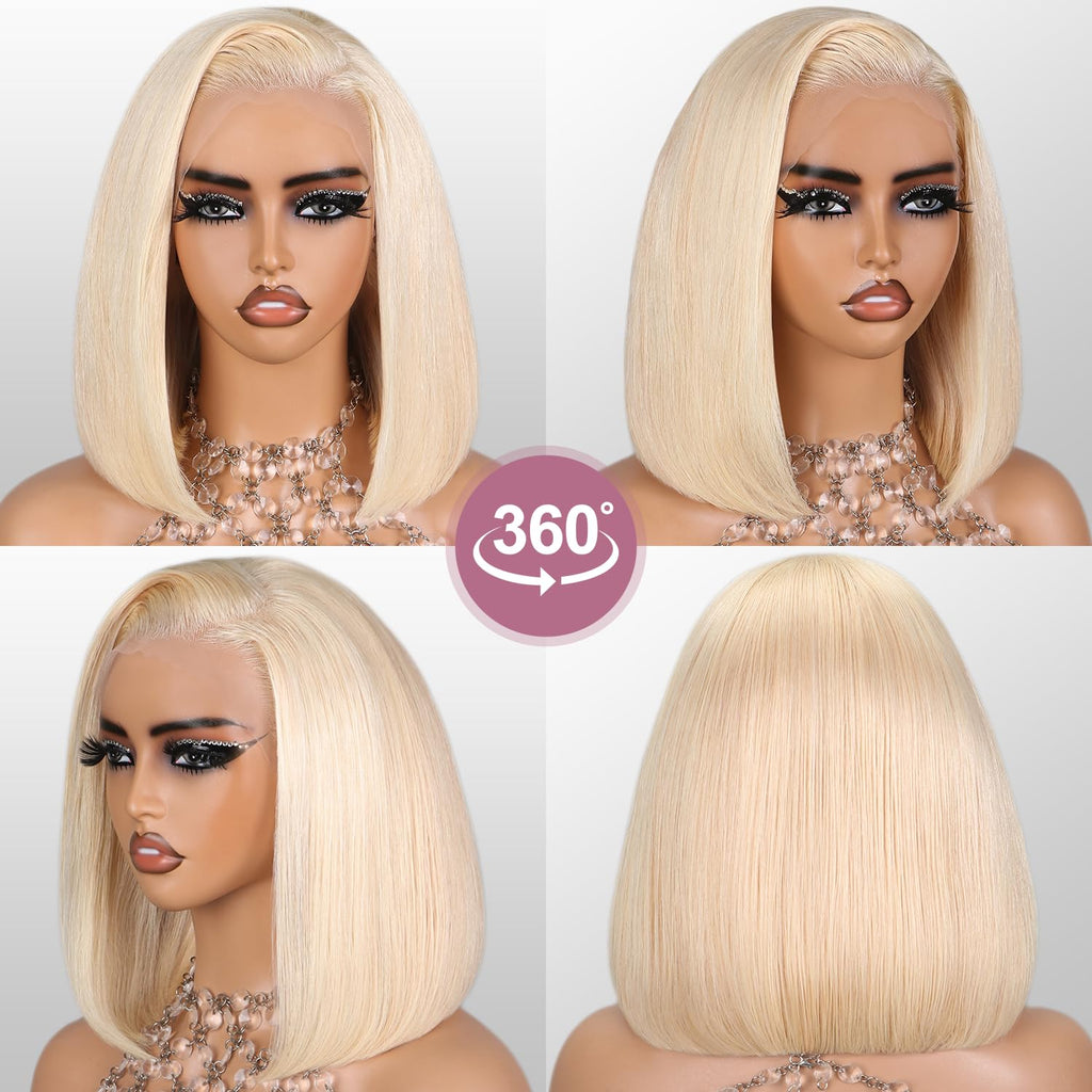 Blonde Bob Wig Human Hair 13X4 613 Bob Wig Transparent HD Lace Front Wig Human Hair Middle Part Straight Bob Wig Pre Plucked 210% Density with Baby Hair（12Inch）