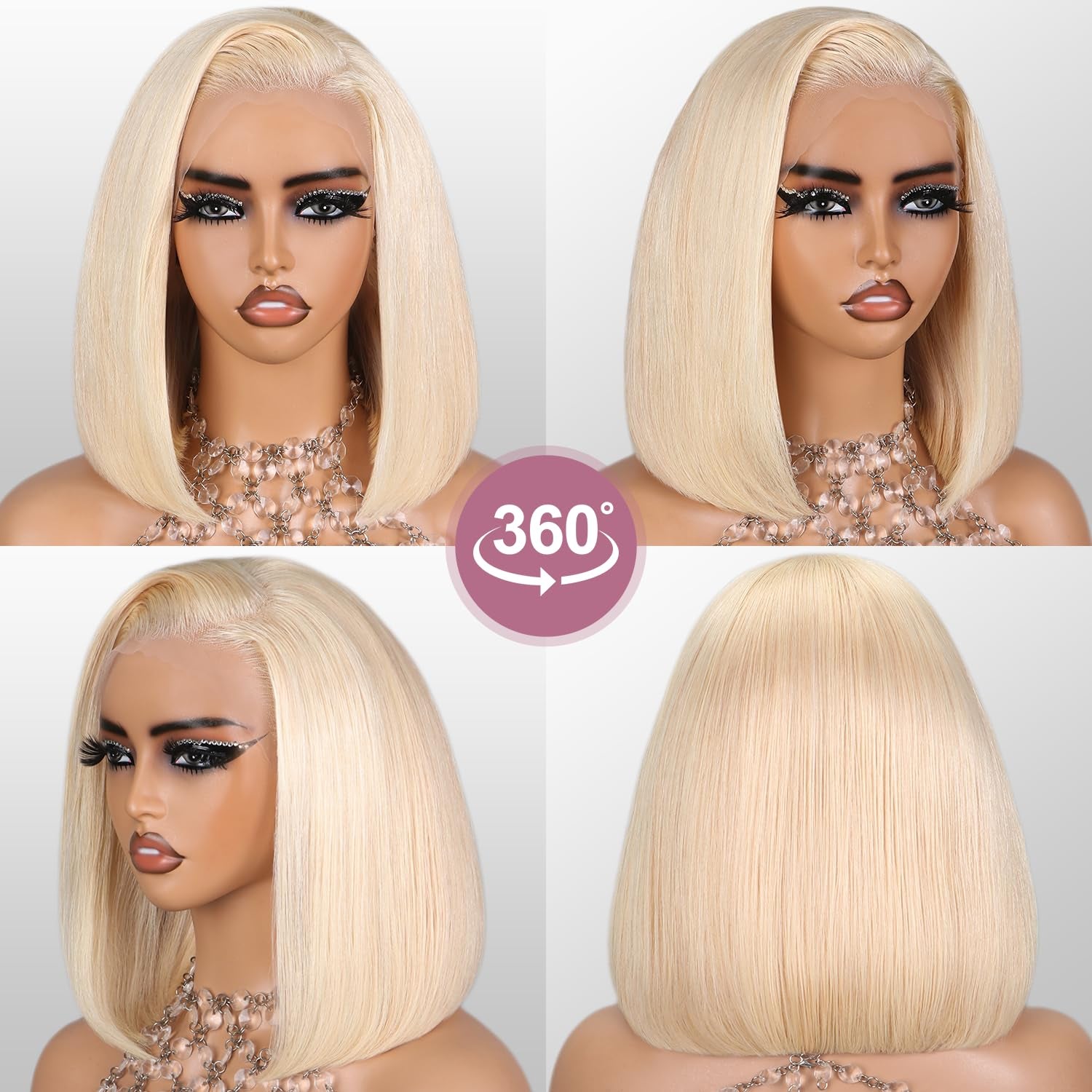 Blonde Bob Wig Human Hair 13X4 613 Bob Wig Transparent HD Lace Front Wig Human Hair Middle Part Straight Bob Wig Pre Plucked 210% Density with Baby Hair（12Inch）