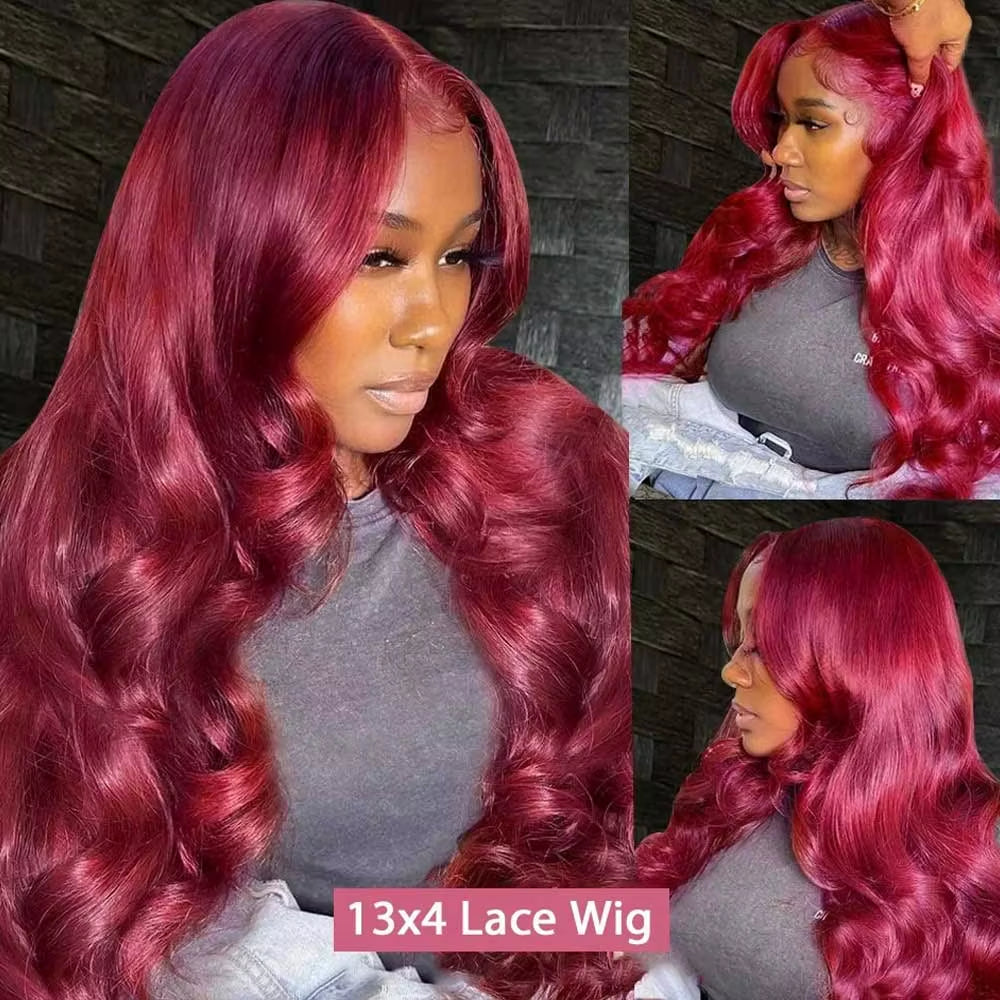 30 Inch Burgundy Body Wave Human Hair Wigs 13X4 HD Lace Frontal Wig Colored 99J Wet and Wavy Curly Lace Front Human Hair Wigs