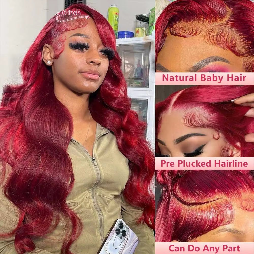 30 Inch Burgundy Body Wave Human Hair Wigs 13X4 HD Lace Frontal Wig Colored 99J Wet and Wavy Curly Lace Front Human Hair Wigs