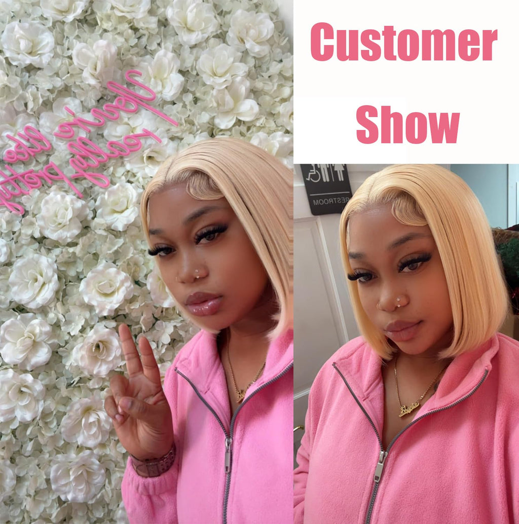 Blonde Bob Wig Human Hair 13X4 613 Bob Wig Transparent HD Lace Front Wig Human Hair Middle Part Straight Bob Wig Pre Plucked 210% Density with Baby Hair（12Inch）