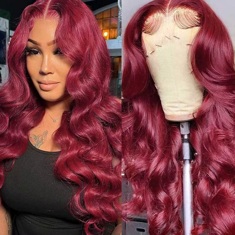 30 Inch Burgundy Body Wave Human Hair Wigs 13X4 HD Lace Frontal Wig Colored 99J Wet and Wavy Curly Lace Front Human Hair Wigs